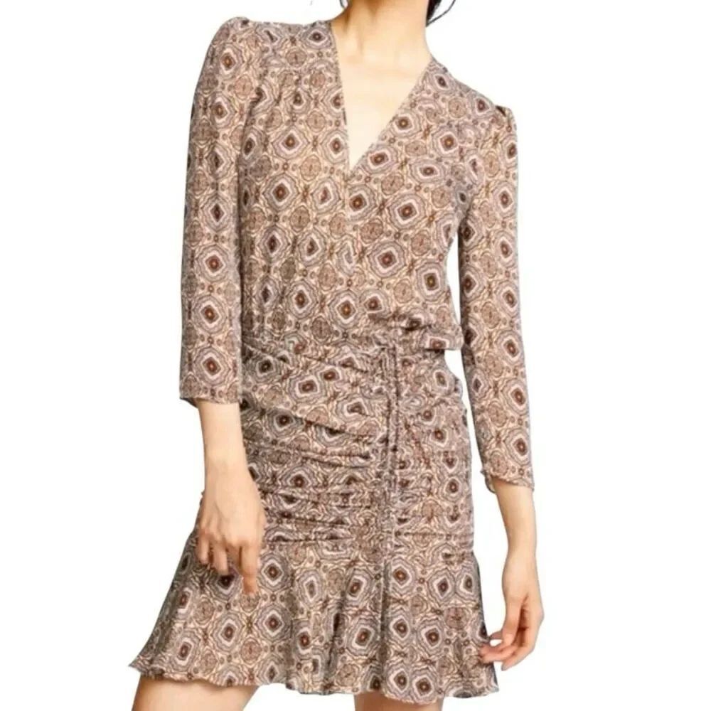 Veronica Beard Alamo Long-Sleeve Printed Ruched Silk Dress Size 4